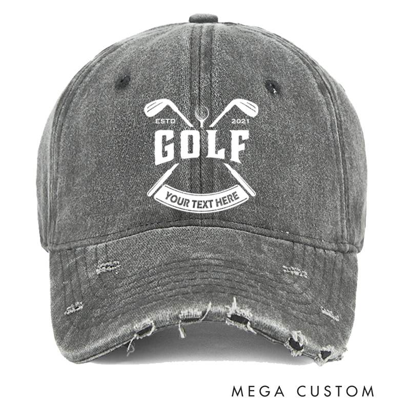 Personalized Golf Distressed Denim Baseball Cap with Customizable Text Crossed Golf Club Design and ESTD Year for Golf Enthusiasts
