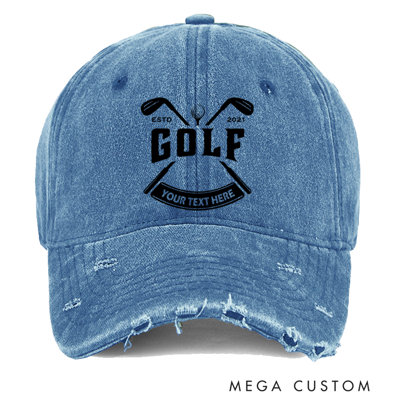 Personalized Golf Distressed Denim Baseball Cap with Customizable Text Crossed Golf Club Design and ESTD Year for Golf Enthusiasts