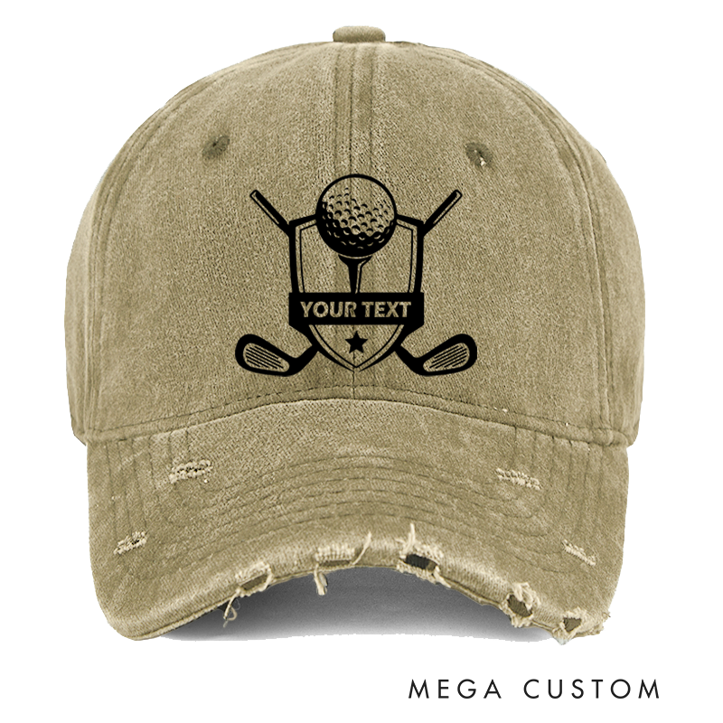 Personalized Distressed Denim Baseball Cap with Shield Design Featuring Golf Ball Crossed Clubs Star Accent and Customizable Text for Golf Enthusiasts