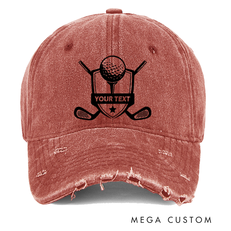 Personalized Distressed Denim Baseball Cap with Shield Design Featuring Golf Ball Crossed Clubs Star Accent and Customizable Text for Golf Enthusiasts