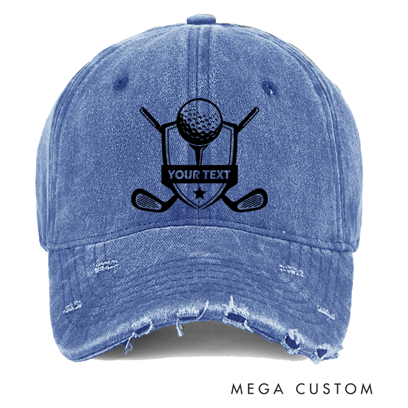 Personalized Distressed Denim Baseball Cap with Shield Design Featuring Golf Ball Crossed Clubs Star Accent and Customizable Text for Golf Enthusiasts