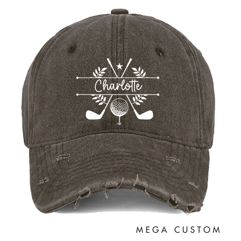Personalized Distressed Denim Baseball Cap with Custom Name Golf Ball Crossed Clubs and Laurel Wreath Design