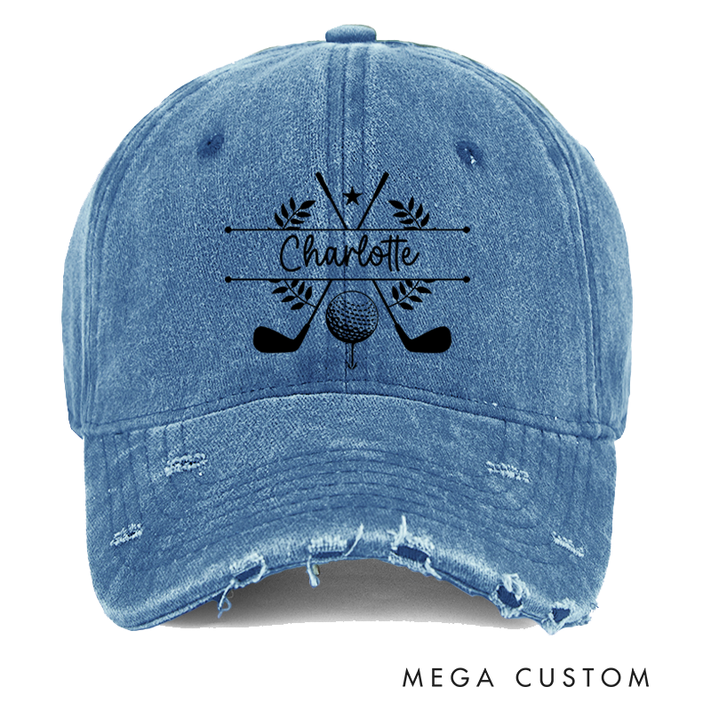 Personalized Distressed Denim Baseball Cap with Custom Name Golf Ball Crossed Clubs and Laurel Wreath Design