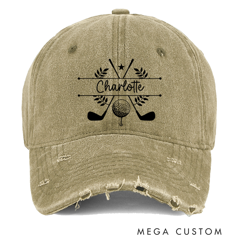 Personalized Distressed Denim Baseball Cap with Custom Name Golf Ball Crossed Clubs and Laurel Wreath Design