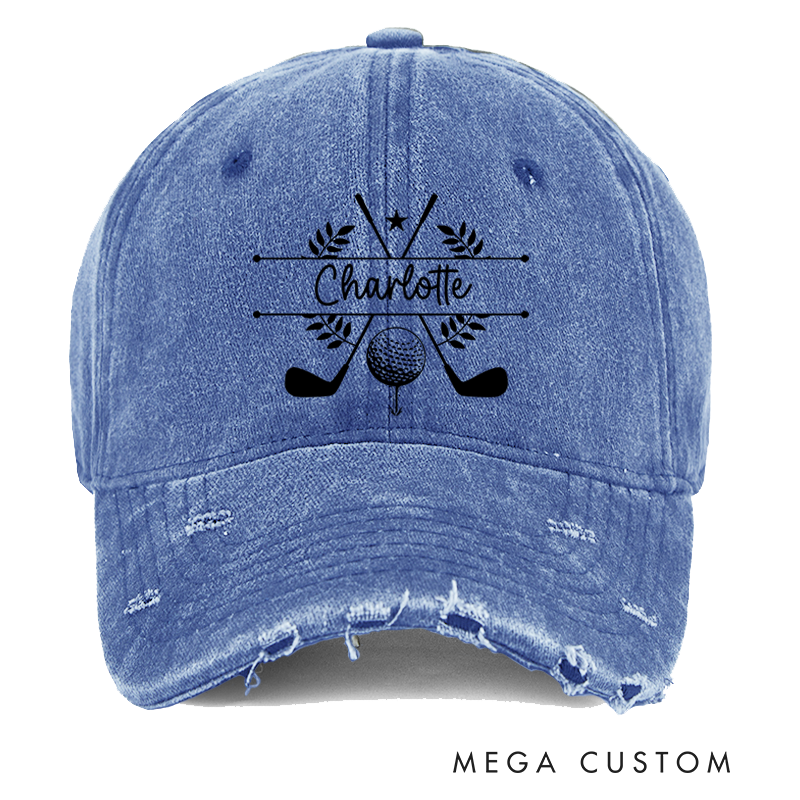 Personalized Distressed Denim Baseball Cap with Custom Name Golf Ball Crossed Clubs and Laurel Wreath Design