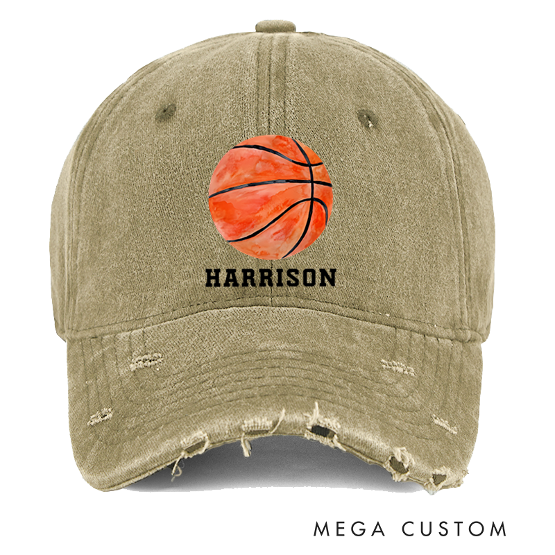 Personalized Distressed Denim Baseball Cap with Custom Name and Basketball Design