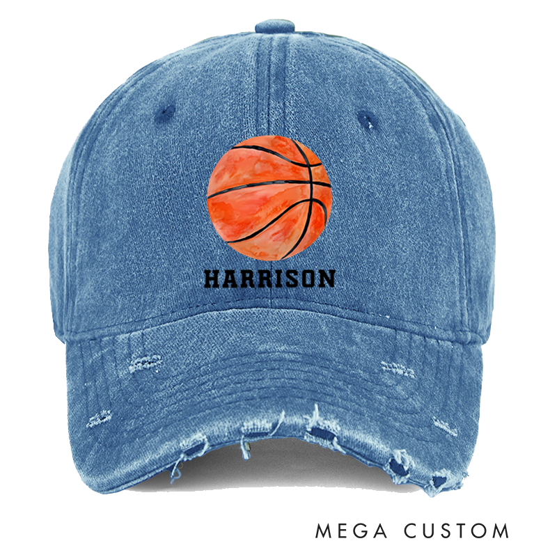 Personalized Distressed Denim Baseball Cap with Custom Name and Basketball Design