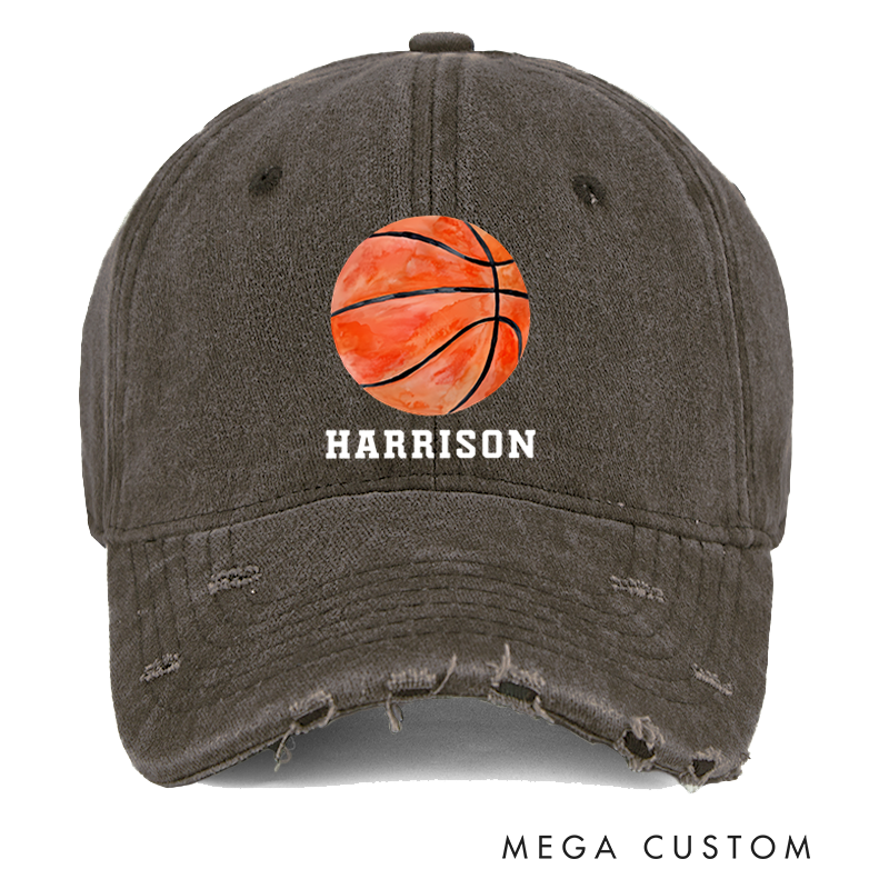 Personalized Distressed Denim Baseball Cap with Custom Name and Basketball Design