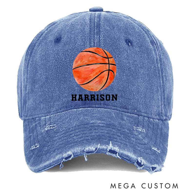Personalized Distressed Denim Baseball Cap with Custom Name and Basketball Design