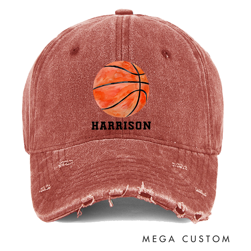 Personalized Distressed Denim Baseball Cap with Custom Name and Basketball Design