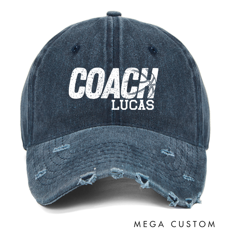 Personalized Distressed Denim Baseball Cap with Custom Coach Name and Basketball Design