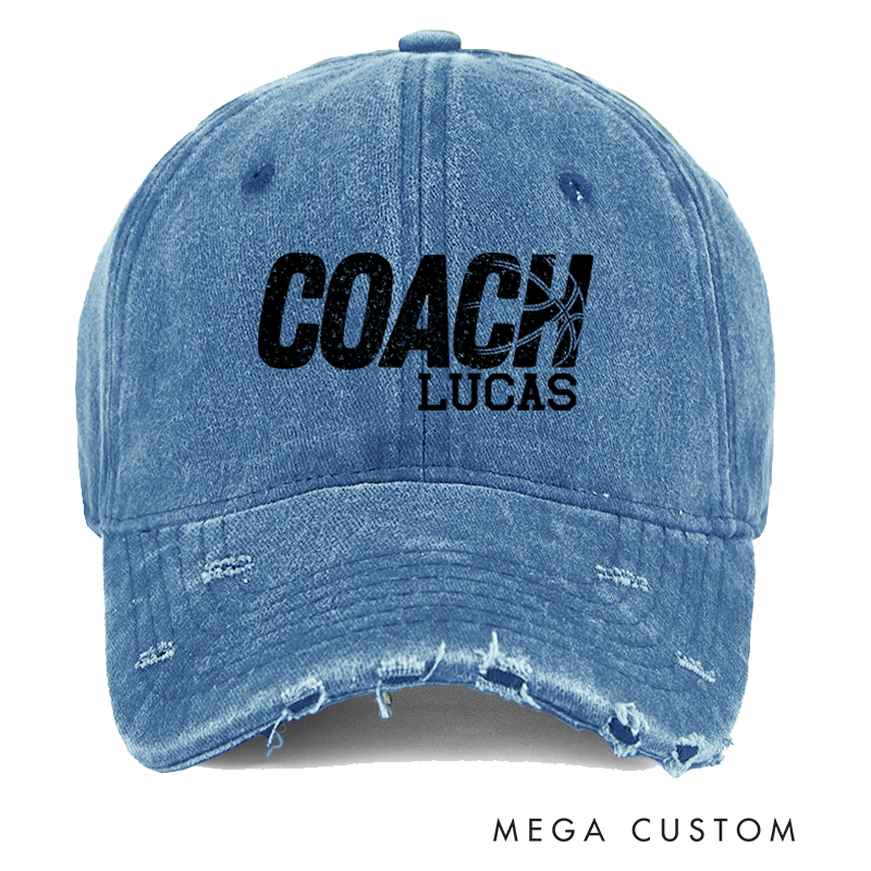 Personalized Distressed Denim Baseball Cap with Custom Coach Name and Basketball Design