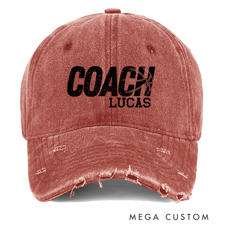 Personalized Distressed Denim Baseball Cap with Custom Coach Name and Basketball Design