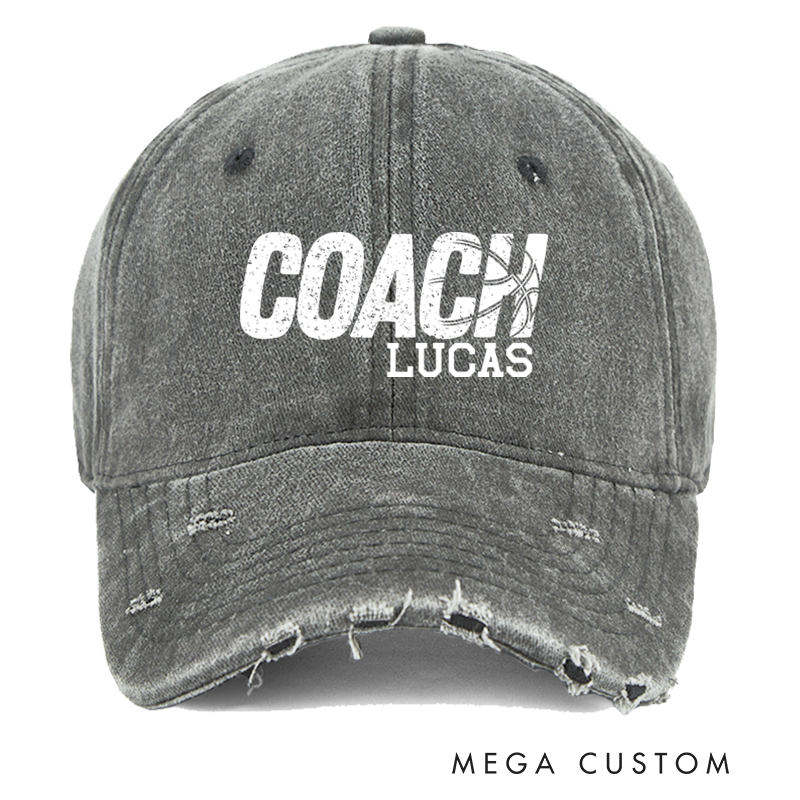 Personalized Distressed Denim Baseball Cap with Custom Coach Name and Basketball Design
