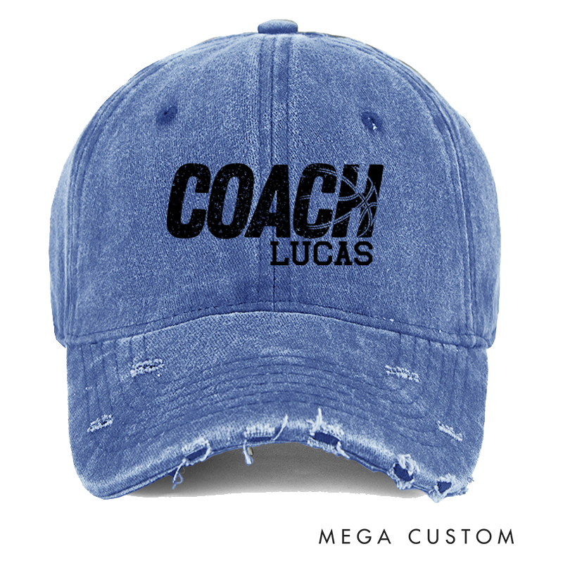 Personalized Distressed Denim Baseball Cap with Custom Coach Name and Basketball Design