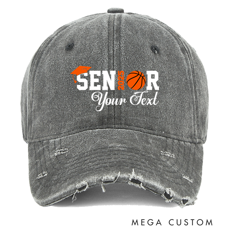 Personalized Distressed Denim Baseball Cap with Senior 2025 Graduation and Basketball Design