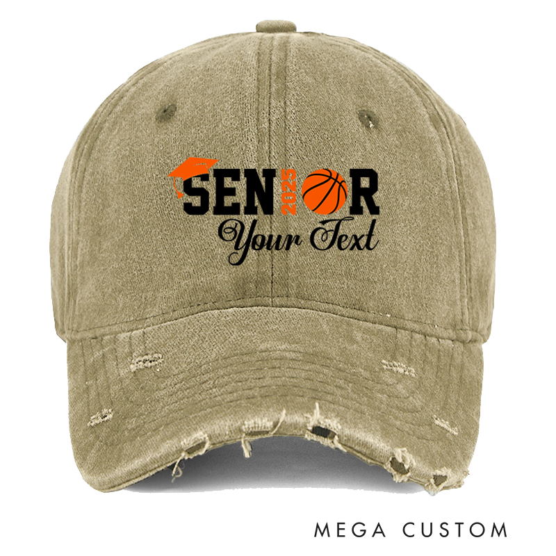 Personalized Distressed Denim Baseball Cap with Senior 2025 Graduation and Basketball Design