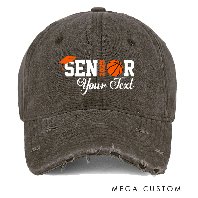Personalized Distressed Denim Baseball Cap with Senior 2025 Graduation and Basketball Design