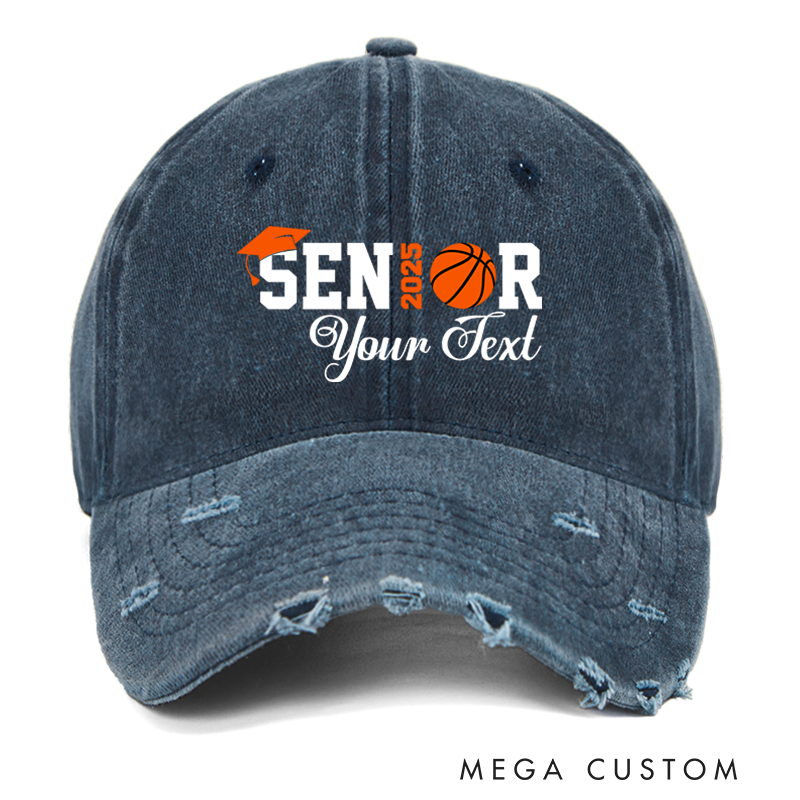 Personalized Distressed Denim Baseball Cap with Senior 2025 Graduation and Basketball Design