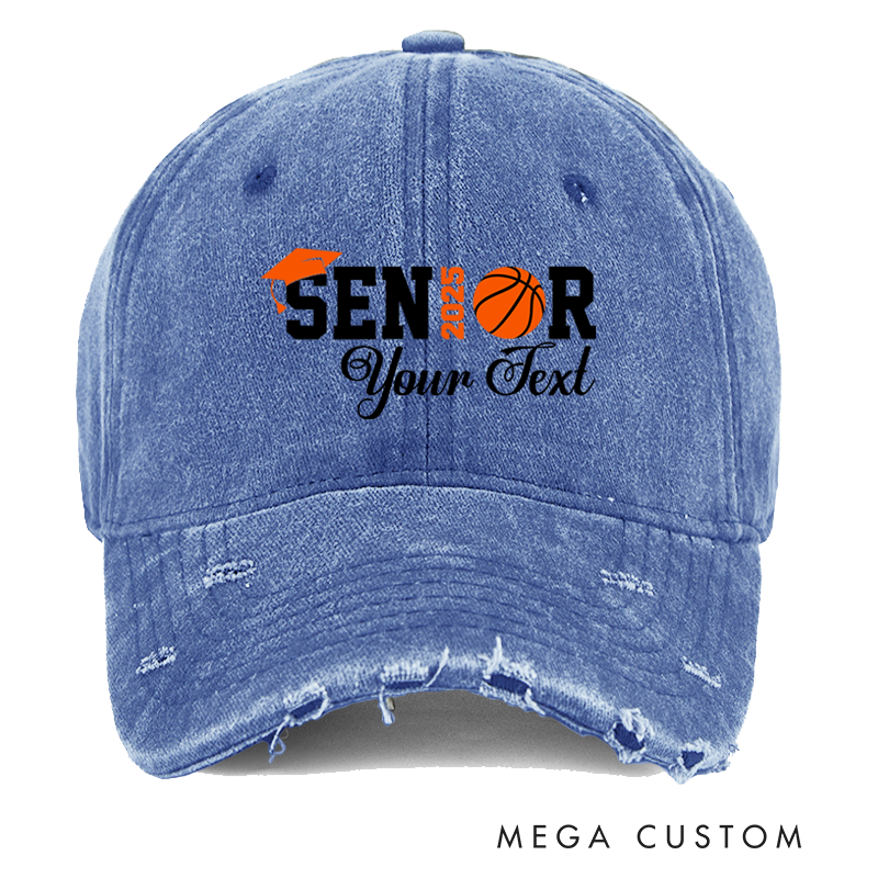 Personalized Distressed Denim Baseball Cap with Senior 2025 Graduation and Basketball Design