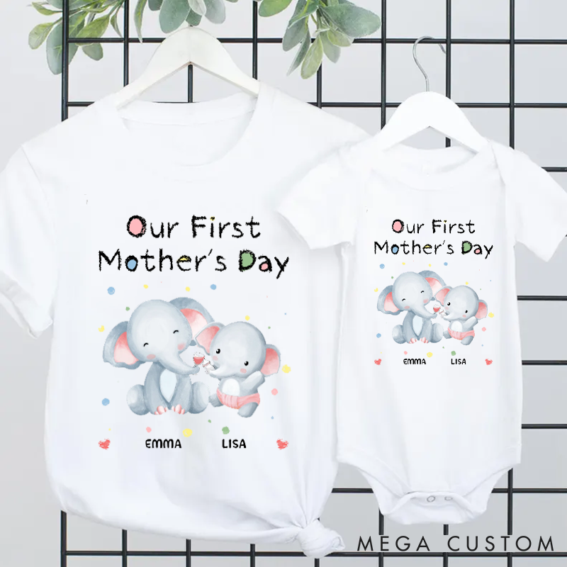 Personalized Our First Mother's Day Elephants Mom and Baby Matching Outfit  