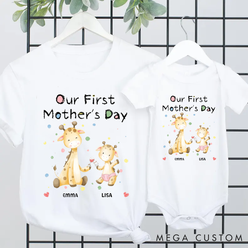 Personalized Our First Mother's Day Giraffe Mom and Baby Matching Outfit  
