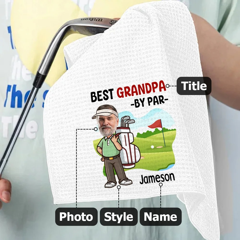 Personalized Golf Player Face Photo Towel with Custom Name for Golf Lover