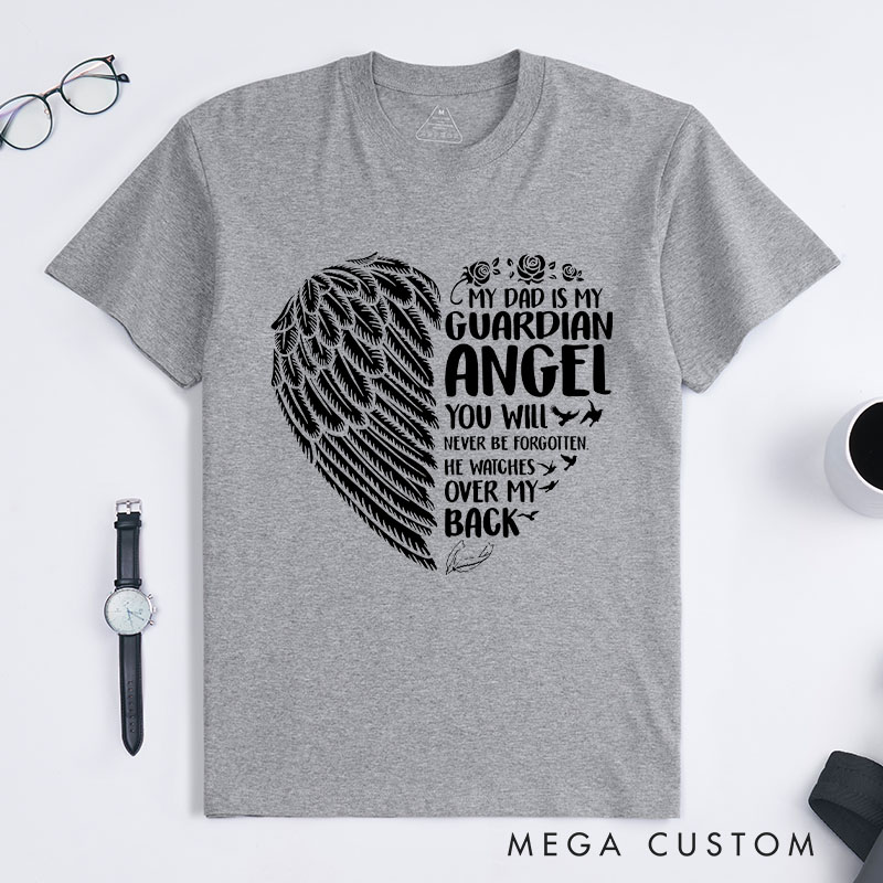Personalized Dad Guardian Angel Memorial T-Shirt Wings Heart Rose Birds Custom Sympathy Gift for Daughter Son Loss of Father