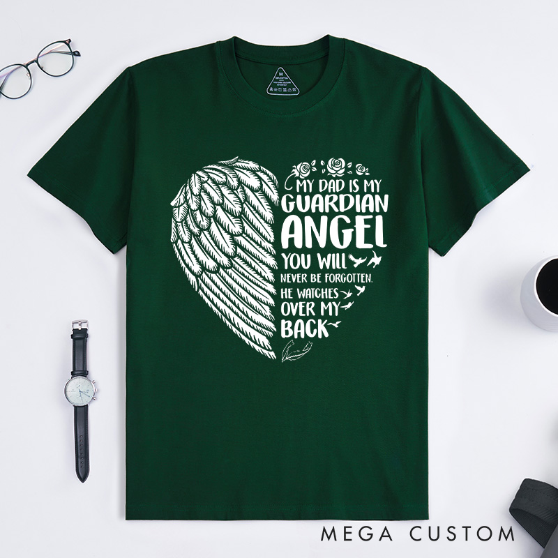 Personalized Dad Guardian Angel Memorial T-Shirt Wings Heart Rose Birds Custom Sympathy Gift for Daughter Son Loss of Father