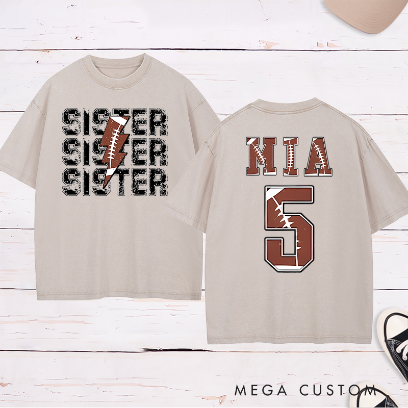 Personalized American Football and Rugby Sister Washed T-Shirts with Custom Name and Number