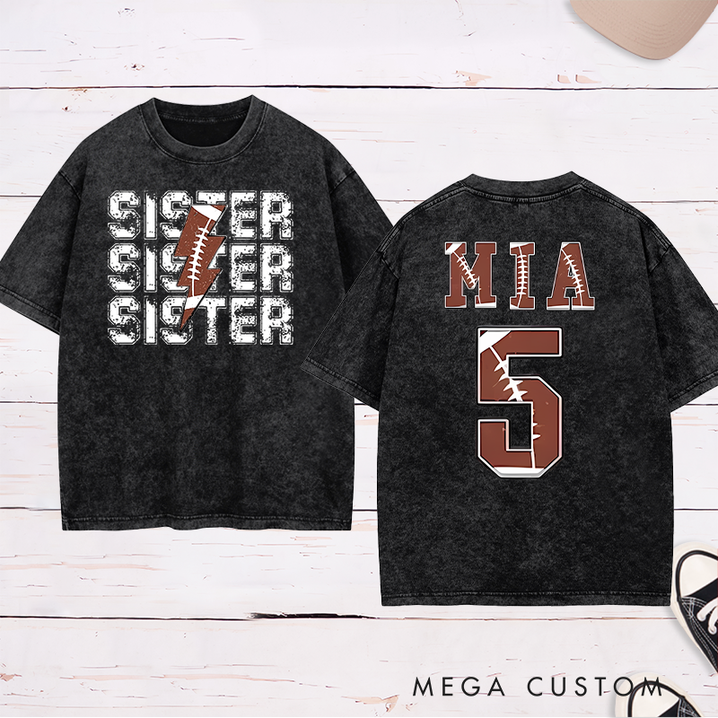 Personalized American Football and Rugby Sister Washed T-Shirts with Custom Name and Number