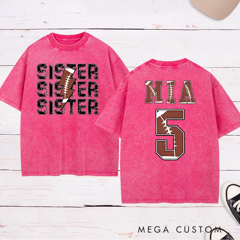 Personalized American Football and Rugby Sister Washed T-Shirts with Custom Name and Number