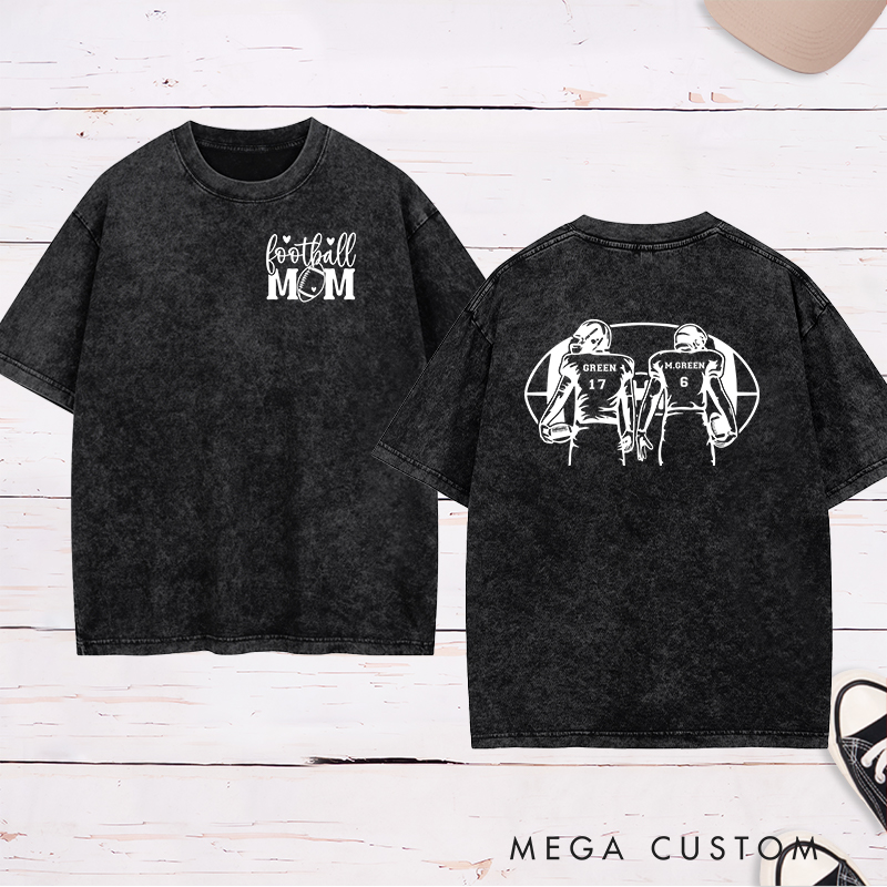 Personalized American Football Mom Washed T-Shirts with Custom 2 Player Name and Number
