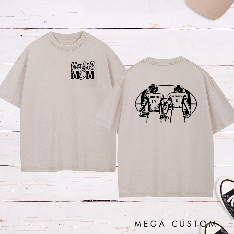 Personalized American Football Mom Washed T-Shirts with Custom 2 Player Name and Number