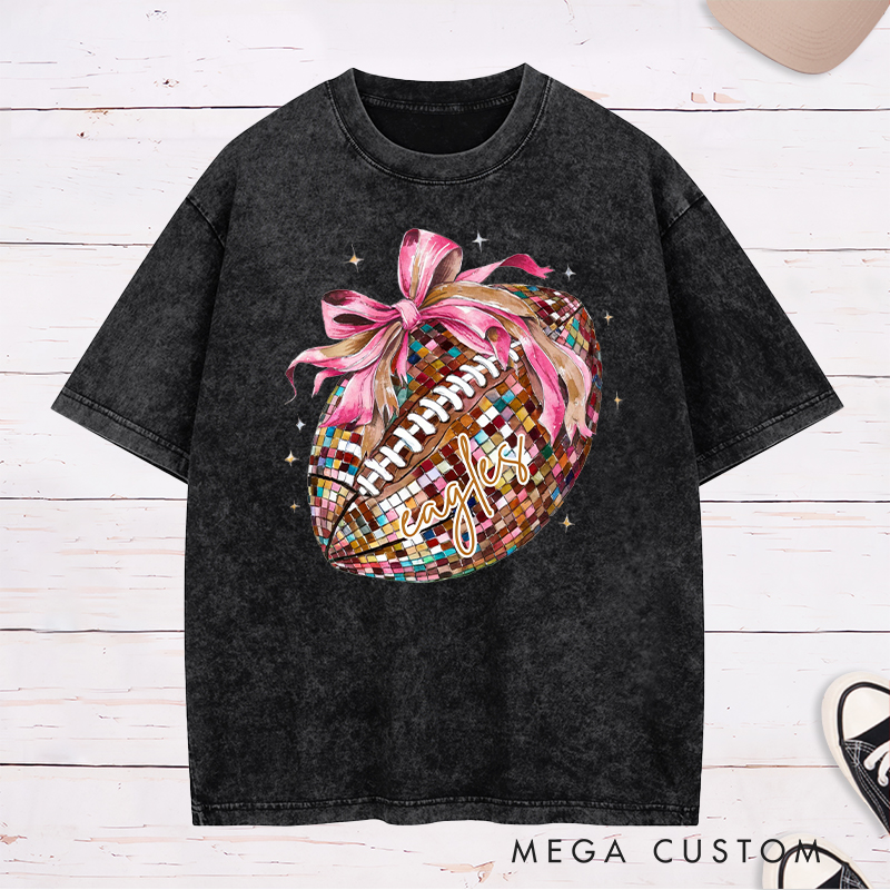 Personalized American Football and Rugby Pink Disco Washed T-Shirts with Custom Name,Cute Girly Football Gift for Women