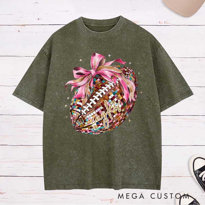 Personalized American Football and Rugby Pink Disco Washed T-Shirts with Custom Name,Cute Girly Football Gift for Women