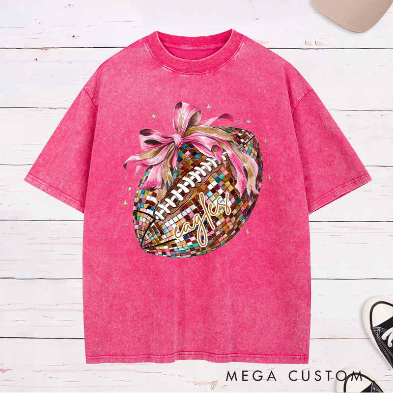 Personalized American Football and Rugby Pink Disco Washed T-Shirts with Custom Name,Cute Girly Football Gift for Women