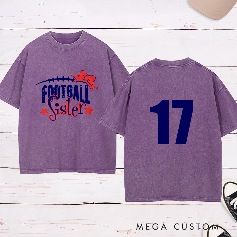 Personalized American Football and Rugby Bow Sister Washed T-Shirts with Custom Numbers