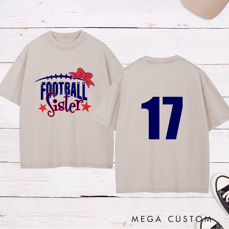 Personalized American Football and Rugby Bow Sister Washed T-Shirts with Custom Numbers