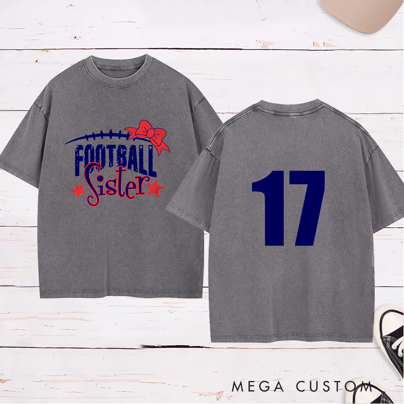 Personalized American Football and Rugby Bow Sister Washed T-Shirts with Custom Numbers