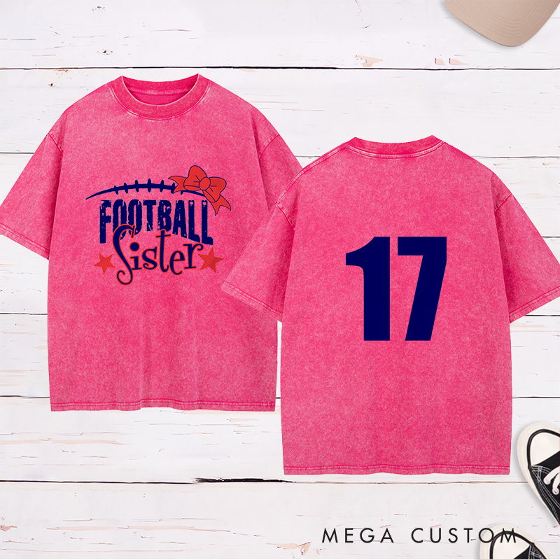 Personalized American Football and Rugby Bow Sister Washed T-Shirts with Custom Numbers
