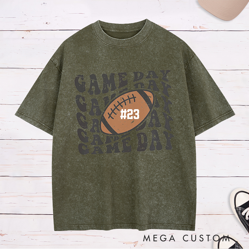 Personalized American Football and Rugby Washed T-Shirts Featuring Custom Your Your Favorite Number on the Front