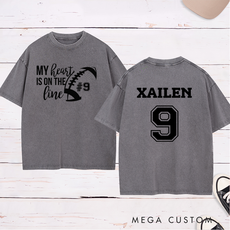 Personalized American Football and Rugby Washed T-Shirts for "My Heart On The Line" with Custom Name and Number Jersey