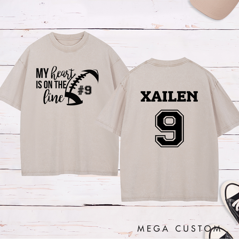 Personalized American Football and Rugby Washed T-Shirts for "My Heart On The Line" with Custom Name and Number Jersey