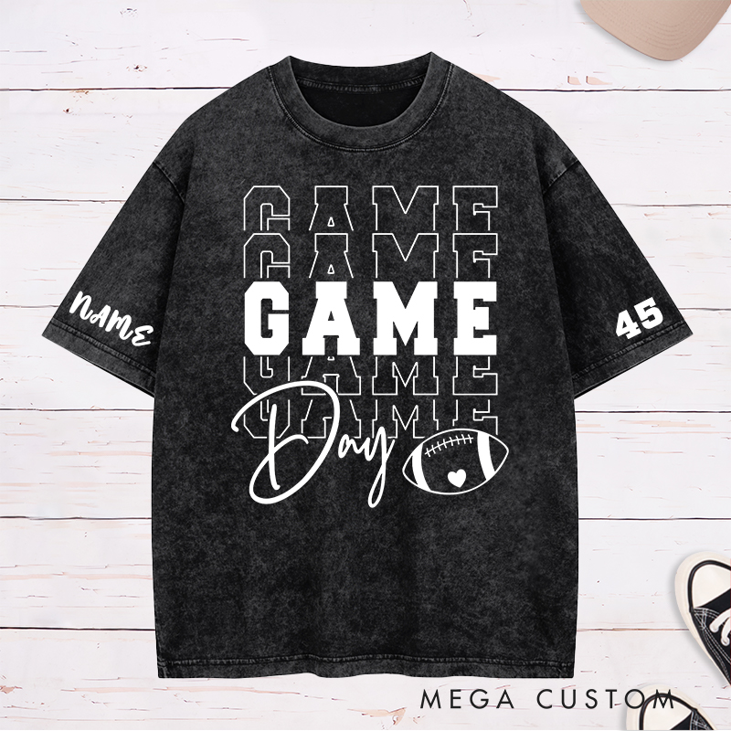 Personalized American Football and Rugby Washed T-Shirt with Custom Name and Number of Game Day