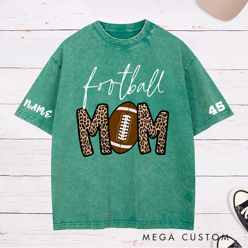 Personalized American Football Mom Washed T-Shirts with Custom Name and Number for Mother's Day