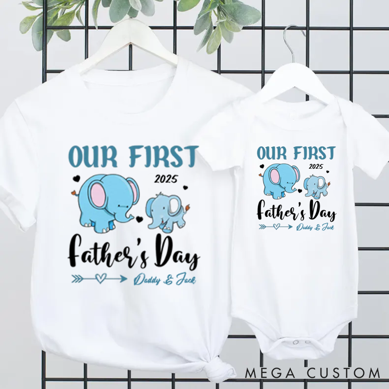 Personalized Our First Father's Day Blue Elephant Dad and Baby Matching Outfits