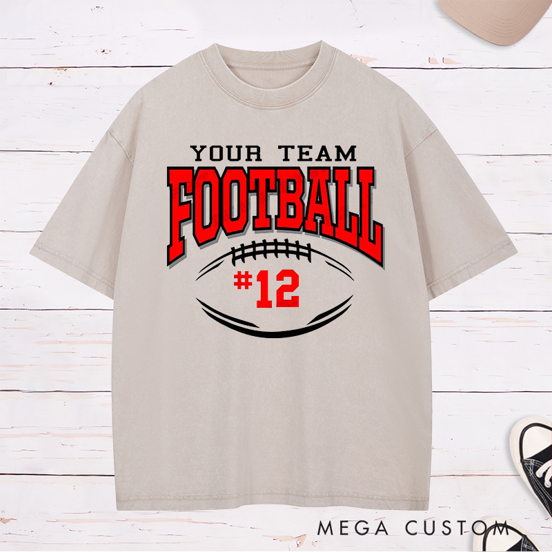 Personalized American Football Washed T-Shirts Featuring Custom Team Name and Number on the Front