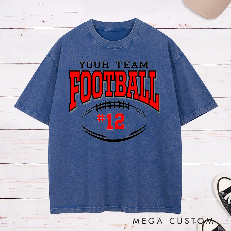 Personalized American Football Washed T-Shirts Featuring Custom Team Name and Number on the Front