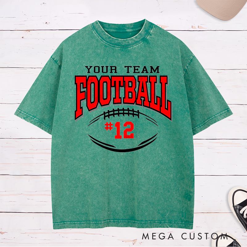 Personalized American Football Washed T-Shirts Featuring Custom Team Name and Number on the Front